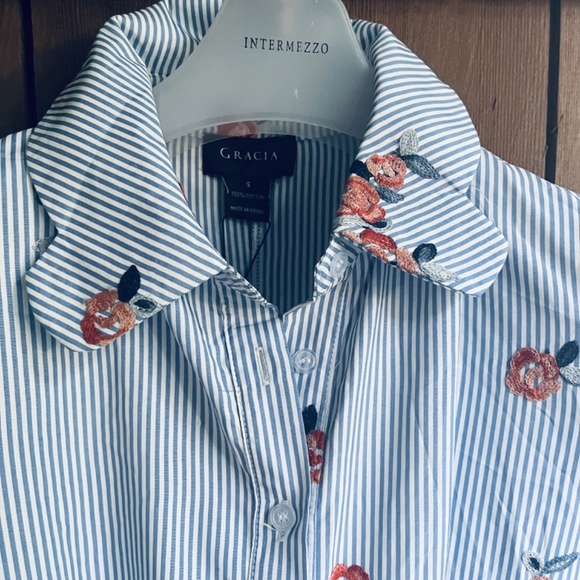 Gracia Women's Striped and Embroidered Flowers Midi Shirt Dress Size Small - Picture 4 of 12